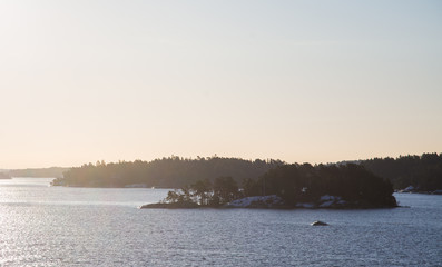 A view from the sea to Sweden archipelago near Stockholm in the winter.