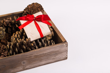 Christmas gift tied with ribbon and pine cone isolated on white background