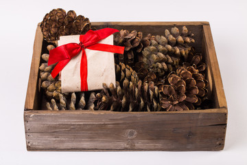 Christmas gift tied with ribbon and pine cone isolated on white background
