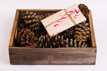 Christmas gift tied with ribbon and pine cone isolated on white background
