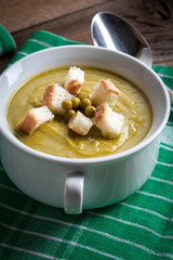 Cream soup with canned pea soup with croutons.