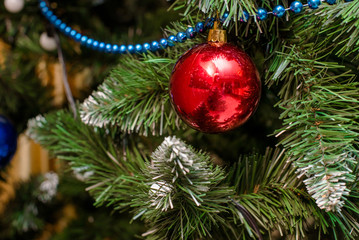 Christmas background red Christmas ball on a Christmas tree 