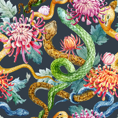Fototapeta premium Watercolor snake and flowers pattern