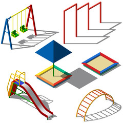 Objects for children's playgrounds isometry. Swing, children's slide, sandbox, horizontal bar. For your business project. Vector Illustration
