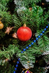 Christmas background red Christmas ball on a Christmas tree 