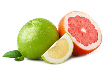 Ripe juicy green and red grapefruit with leaf  on white backgroud