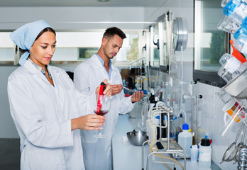 Fototapeta premium Two researchers in white coat checking wine acidity in laboratory