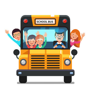 Happy kids riding on a school bus with driver