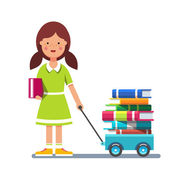 School girl pulling wagon cart with pile of books