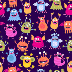 Seamless pattern with funny monsters. Cartoon