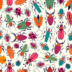 Seamless pattern of illustrations with beetles. Cartoon