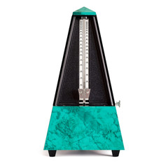 Stopped pyramid shaped metronome in plastic housing in sapphire green with marble effect isolated...