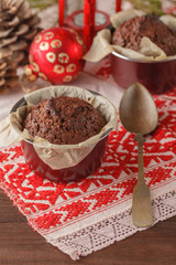 Fresh homemade cranberry muffins holiday wooden background with