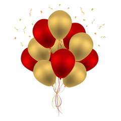 Bunch of Birthday Balloons Flying for Party and Celebrations Isolated in White Background. Vector Illustration - stock 3d Realistic Colorful Red and Golden Balloon Vector With Space for Message.  