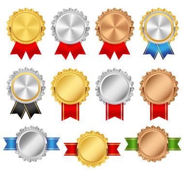 Rosettes with red, green, blue, black ribbons. Rosette premium vector set. Golden, silver, bronze trophy award collection. 