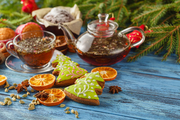 Christmas holiday background with tea cup