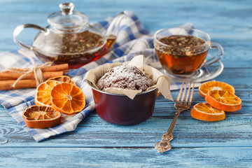 Christmas holiday background with tea cup