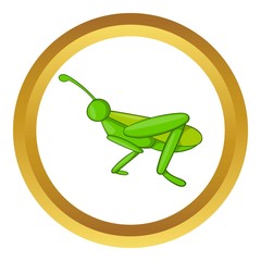 Grasshopper vector icon in golden circle, cartoon style isolated on white background