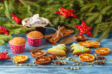 set of christmas or new year decoration with green fir tree with