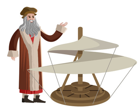 renaissance genius with flying machine helicopter
