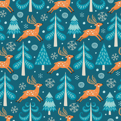 Seamless pattern with reindeer and fir trees. Winter forest