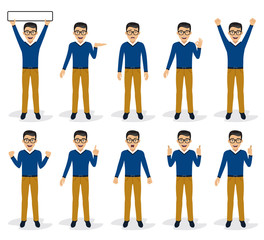 Men character set in various poses, isolated, vector illustration