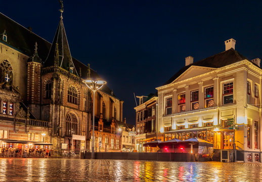 Evening view of the Dutch central square in the city of Zwolle