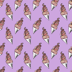 Twisted ice cream cone. Stylized seamless pattern. Vector illustration. Sweet dessert background
