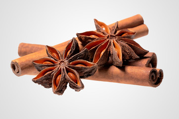 star anise with cinnamon sticks isolated on white background