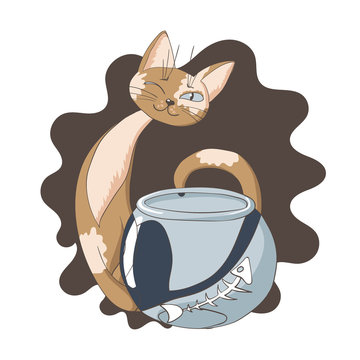 Sly cat ate fish from the aquarium