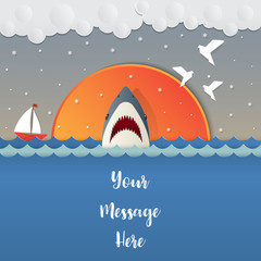 seascape with Shark open jaws and sharp teeth. Vector illustration