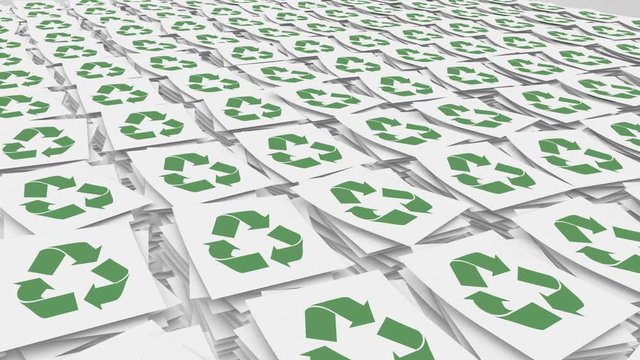 Paper Stacks Pile Up with Recycling Symbol . stacks of paper with recycling symbol on them piles up and fills scene. Matte for isolation, depth pass and ambient occlusion passes.
