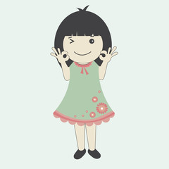 vector illustration of cute cartoon girl in green dress.