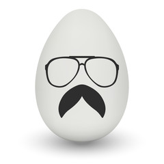 Chicken Egg hipster nerd glasses and stylish mustache with shadow isolated on white background. Natural ecological product. Healthy food. Dietary product. Easter symbol. Vector illustration