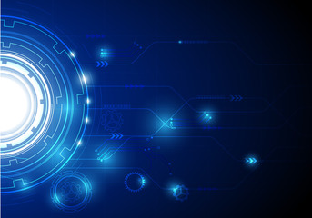 Circle hi-tech with various technological elements on blue background.
