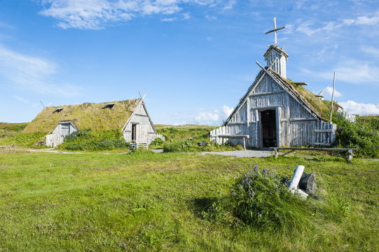 Traditional Viking buildings in the Norstead Viking Village and Port of Trade reconstruction of a Viking Age settlement, Newfoundland, Canada