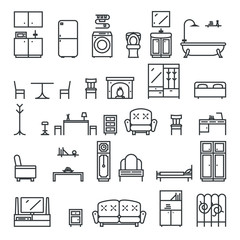 Lineart Flat Furniture Icons and Symbols Set Living Room Isolated Vector Illustration