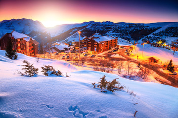 Amazing sunset and winter landscape,Alpe d'Huez,France,Europe
