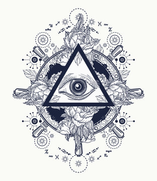 All seeing eye pyramid tattoo art. Freemason concept