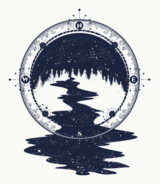 Star river flows from the compass tattoo art, travel symbol