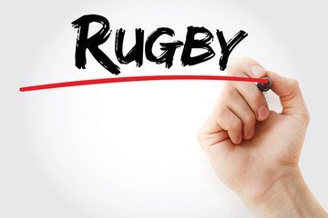 Hand writing Rugby with marker, sport concept background