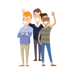 Three happy start up characters staying and shaking their hands to the customers.