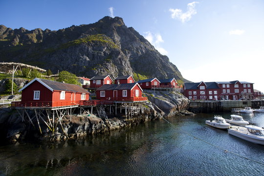 Rorbuer (fishermen's cabins), nowadays rented to tourists, at A village, Moskenesoy island, Lofoten archipelago, Nordland county