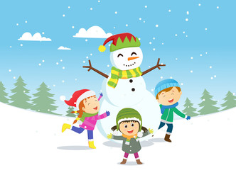 happy kids playing with snowman
