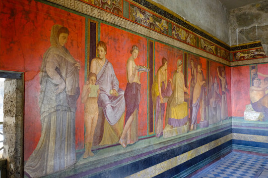 Roman frescoes at Villa of the Mysteries, Pompeii, the ancient Roman town near Naples, Campania