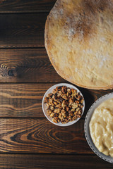 Top view of ingredients for baking homemade cake. shortcakes, buttercream 