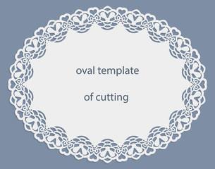 Greeting  card with openwork  oval border, paper doily under the cake, template for cutting, wedding invitation, decorative plate is laser cut, vector illustrations.