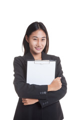 Young Asian business woman hold clipboard..