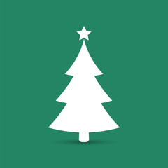 Christmas tree icon, vector simple design. White symbol of fir-tree, isolated on green background.