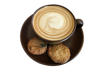 Hot coffee or hot cocoa  served with two pieces of cookies on ce